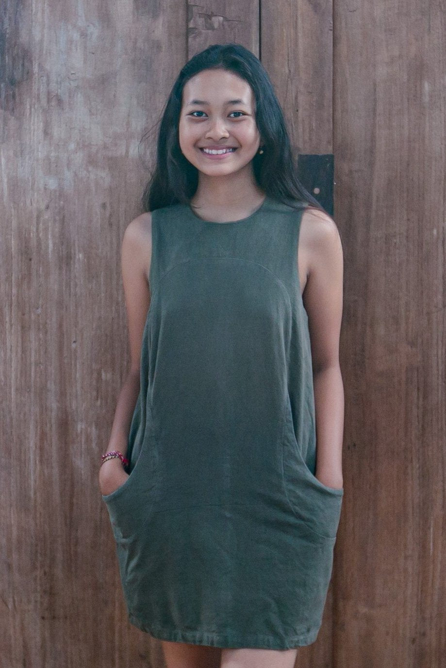 Retro dress cotton bisque beige / sea green / crocodile green Zenzen Bali Retro dress cotton bisque beige / sea green / crocodile green Zenzen Bali
