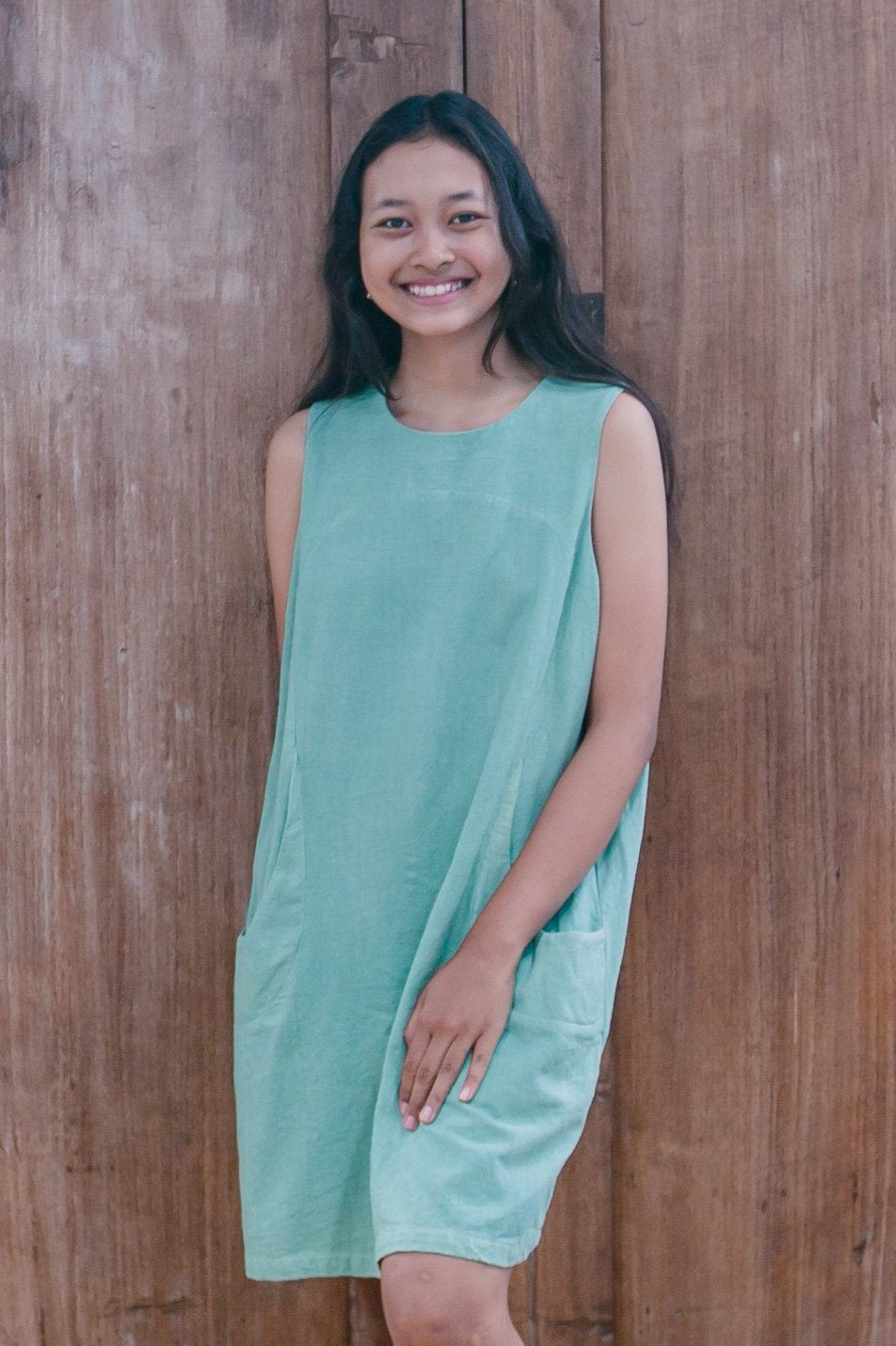 Retro dress cotton bisque beige / sea green / crocodile green  Zenzen Bali